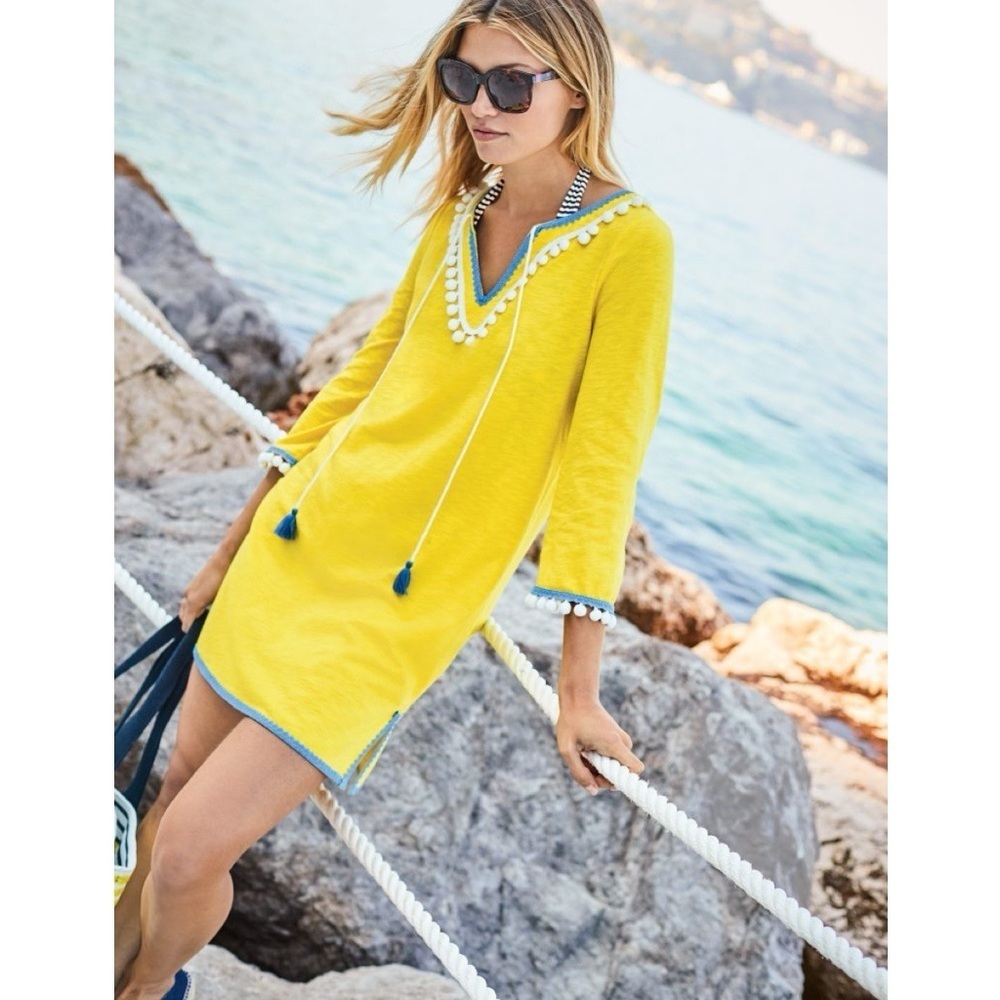 Boden • Kasia Jersey Tunic mini dress cover up yellow blue pompoms beach